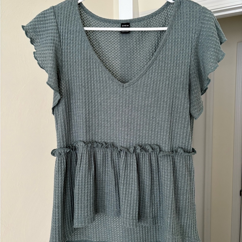 SHEIN Green Textured V-Neck Blouse with Ruffles